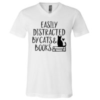 Easily Distracted By Cats And Books Funny Cat & Book Lover V-Neck T-Shirt