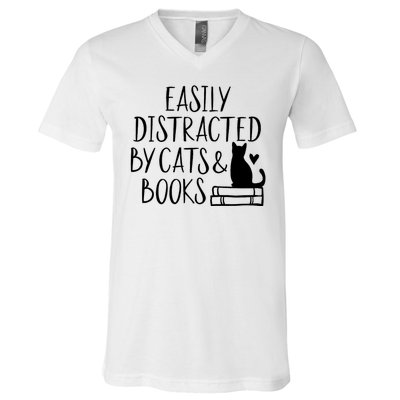 Easily Distracted By Cats And Books Funny Cat & Book Lover V-Neck T-Shirt