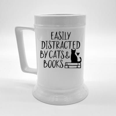 Easily Distracted By Cats And Books Funny Cat & Book Lover Beer Stein