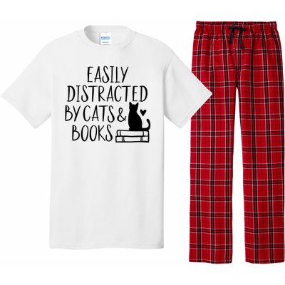 Easily Distracted By Cats And Books Funny Cat & Book Lover Pajama Set