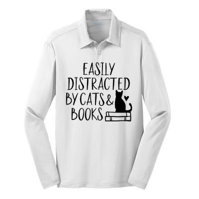 Easily Distracted By Cats And Books Funny Cat & Book Lover Silk Touch Performance Long Sleeve Polo