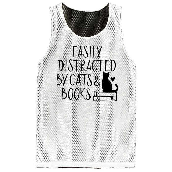 Easily Distracted By Cats And Books Funny Cat & Book Lover Mesh Reversible Basketball Jersey Tank