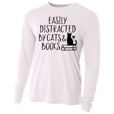 Easily Distracted By Cats And Books Funny Cat & Book Lover Cooling Performance Long Sleeve Crew