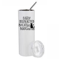 Easily Distracted By Cats And Books Funny Cat & Book Lover Stainless Steel Tumbler