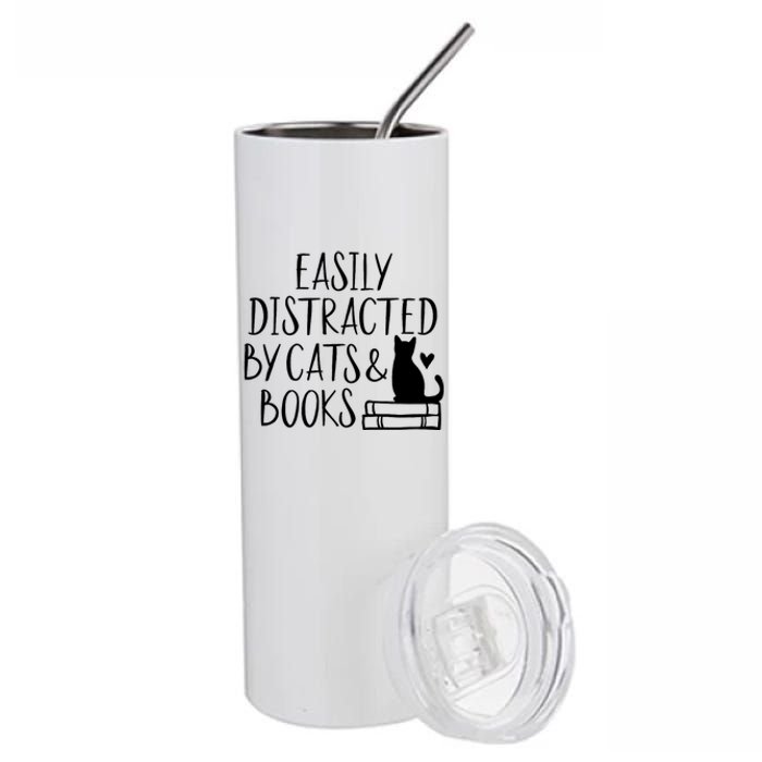 Easily Distracted By Cats And Books Funny Cat & Book Lover Stainless Steel Tumbler