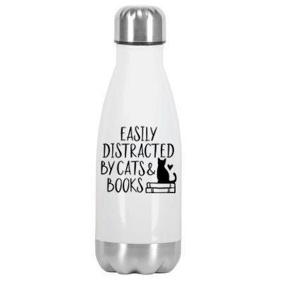 Easily Distracted By Cats And Books Funny Cat & Book Lover Stainless Steel Insulated Water Bottle