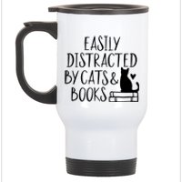 Easily Distracted By Cats And Books Funny Cat & Book Lover Stainless Steel Travel Mug