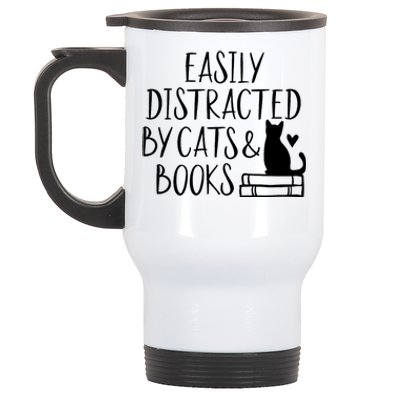 Easily Distracted By Cats And Books Funny Cat & Book Lover Stainless Steel Travel Mug