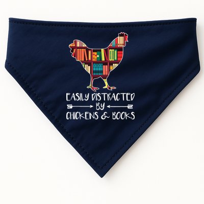 Easily Distracted By Chickens And Books Chicken Book Lover USA-Made Doggie Bandana