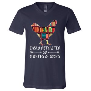 Easily Distracted By Chickens And Books Chicken Book Lover V-Neck T-Shirt