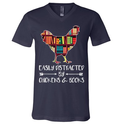 Easily Distracted By Chickens And Books Chicken Book Lover V-Neck T-Shirt