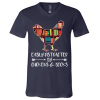 Easily Distracted By Chickens And Books Chicken Book Lover V-Neck T-Shirt