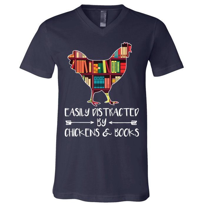 Easily Distracted By Chickens And Books Chicken Book Lover V-Neck T-Shirt