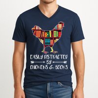 Easily Distracted By Chickens And Books Chicken Book Lover V-Neck T-Shirt