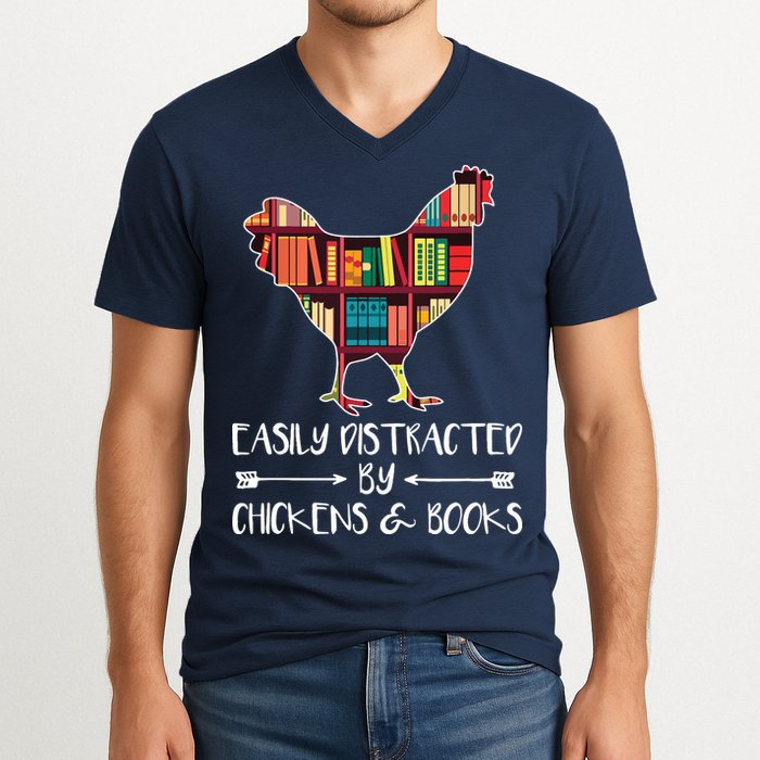 Easily Distracted By Chickens And Books Chicken Book Lover V-Neck T-Shirt