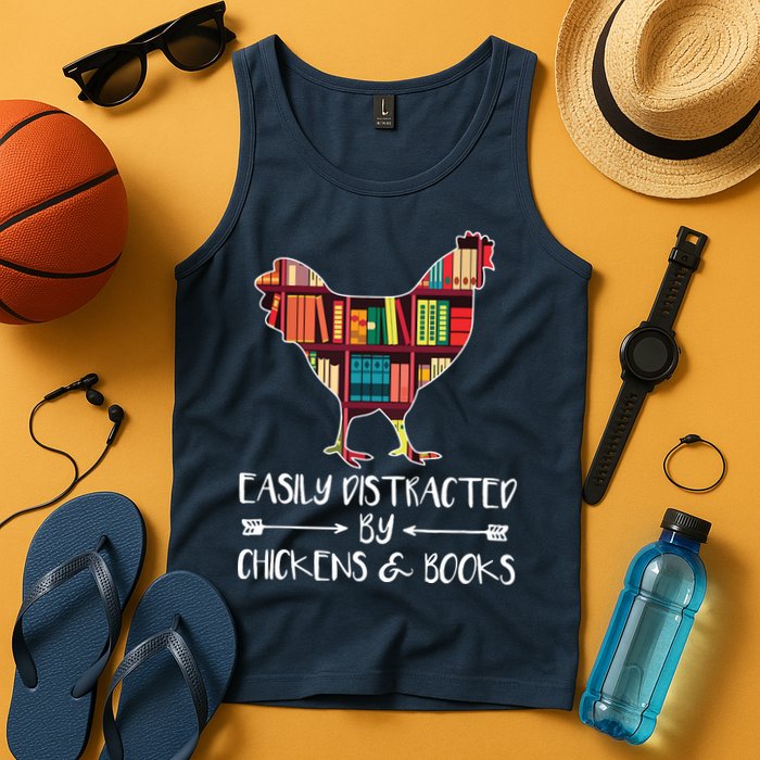 Easily Distracted By Chickens And Books Chicken Book Lover Tank Top
