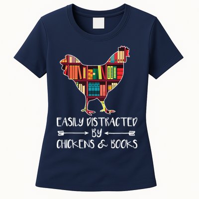 Easily Distracted By Chickens And Books Chicken Book Lover Womens T-Shirt