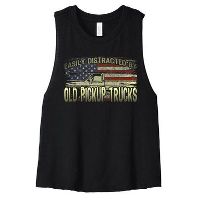 Easily Distracted By Old Pickup Trucks American Flag Truck Women's Racerback Cropped Tank