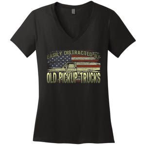 Easily Distracted By Old Pickup Trucks American Flag Truck Women's V-Neck T-Shirt