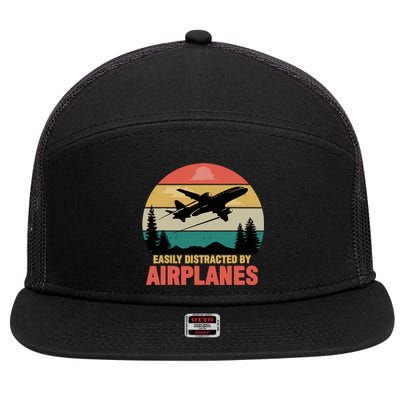 Easily Distracted By Airplanes Lover Retro Funny Pilot 7 Panel Mesh Trucker Snapback Hat