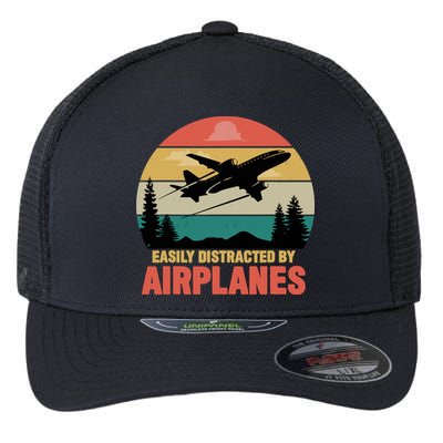Easily Distracted By Airplanes Lover Retro Funny Pilot Flexfit Unipanel Trucker Cap