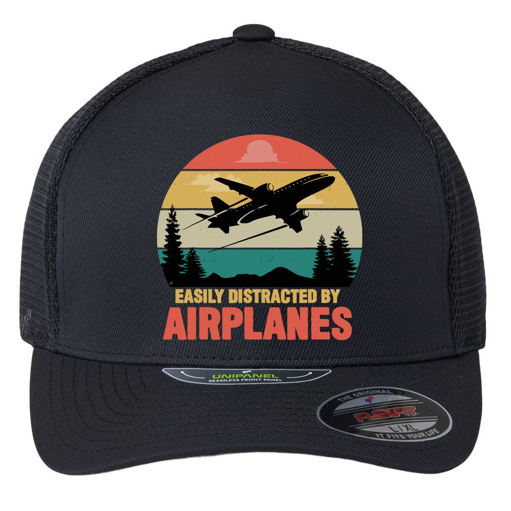 Easily Distracted By Airplanes Lover Retro Funny Pilot Flexfit Unipanel Trucker Cap