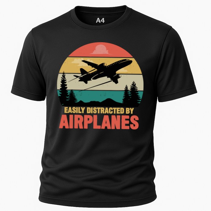 Easily Distracted By Airplanes Lover Retro Funny Pilot Performance Shirt
