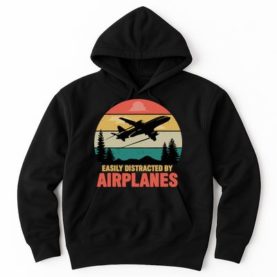 Easily Distracted By Airplanes Lover Retro Funny Pilot Hoodie
