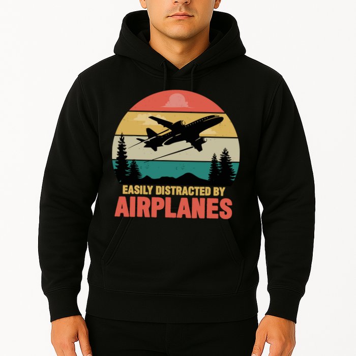 Easily Distracted By Airplanes Lover Retro Funny Pilot Hoodie