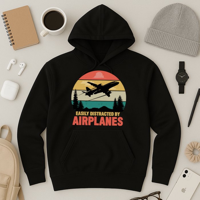 Easily Distracted By Airplanes Lover Retro Funny Pilot Hoodie