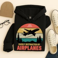 Easily Distracted By Airplanes Lover Retro Funny Pilot Hoodie