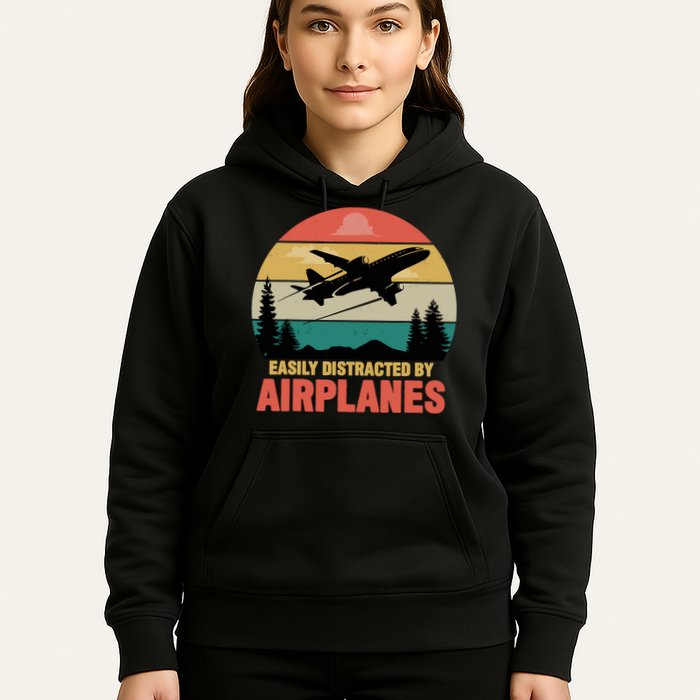 Easily Distracted By Airplanes Lover Retro Funny Pilot Hoodie