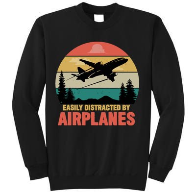 Easily Distracted By Airplanes Lover Retro Funny Pilot Sweatshirt