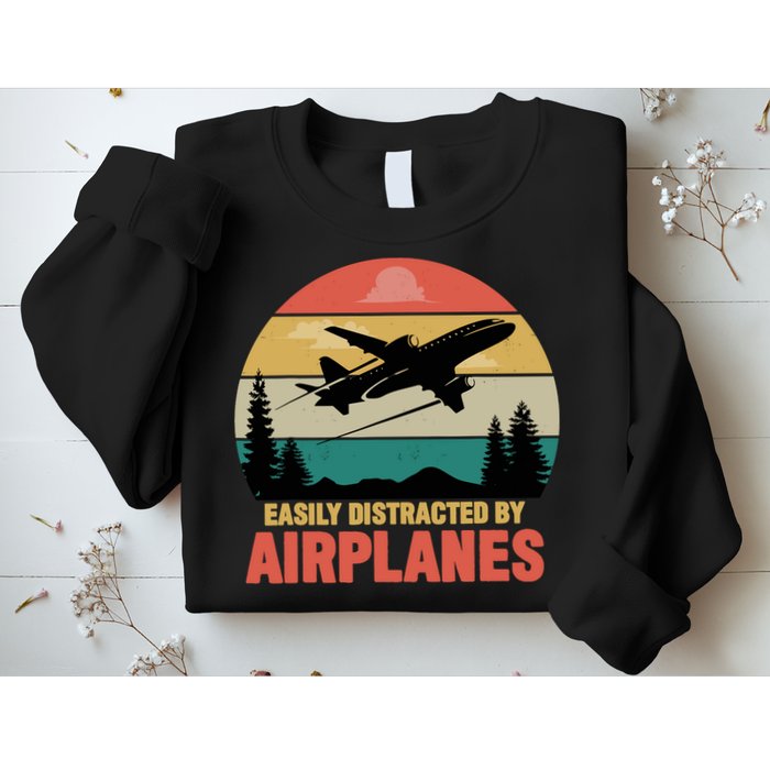 Easily Distracted By Airplanes Lover Retro Funny Pilot Sweatshirt
