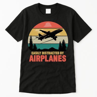 Easily Distracted By Airplanes Lover Retro Funny Pilot Tall T-Shirt