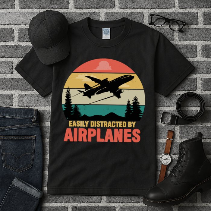 Easily Distracted By Airplanes Lover Retro Funny Pilot Tall T-Shirt