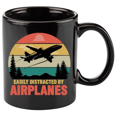 Easily Distracted By Airplanes Lover Retro Funny Pilot 11oz C Handle Ceramic Mug