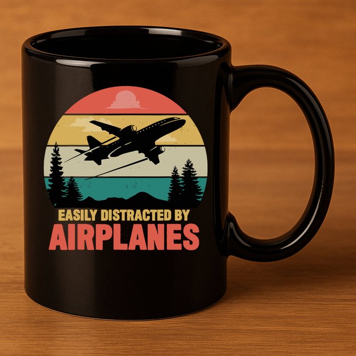 Easily Distracted By Airplanes Lover Retro Funny Pilot 11oz C Handle Ceramic Mug