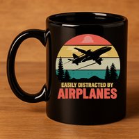 Easily Distracted By Airplanes Lover Retro Funny Pilot 11oz C Handle Ceramic Mug