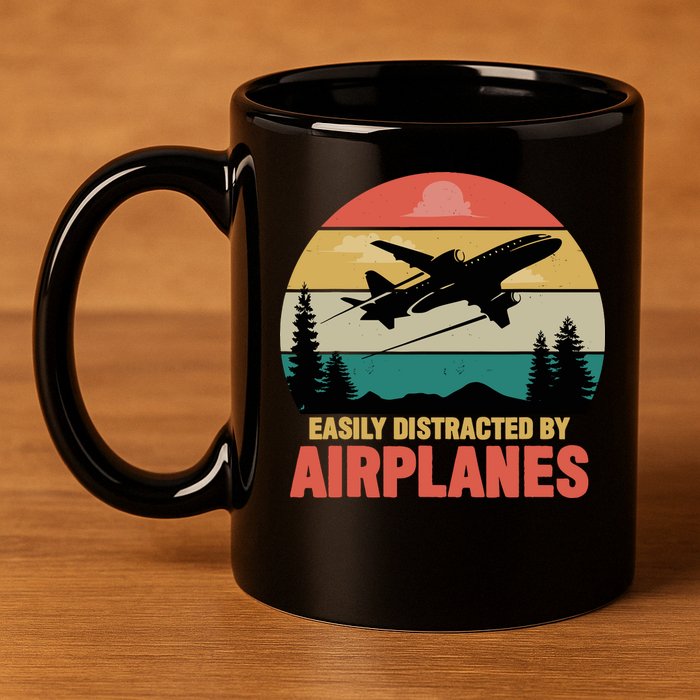Easily Distracted By Airplanes Lover Retro Funny Pilot 11oz C Handle Ceramic Mug