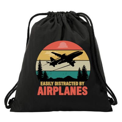 Easily Distracted By Airplanes Lover Retro Funny Pilot Drawstring Bag
