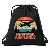 Easily Distracted By Airplanes Lover Retro Funny Pilot Drawstring Bag