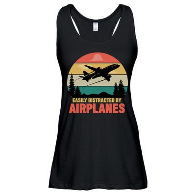 Easily Distracted By Airplanes Lover Retro Funny Pilot Ladies Essential Flowy Tank