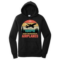 Easily Distracted By Airplanes Lover Retro Funny Pilot Women's Pullover Hoodie