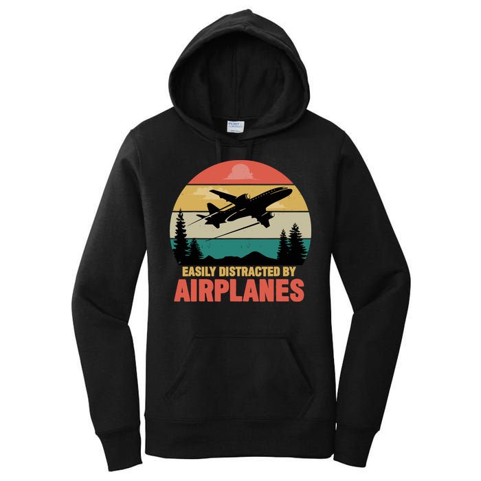 Easily Distracted By Airplanes Lover Retro Funny Pilot Women's Pullover Hoodie