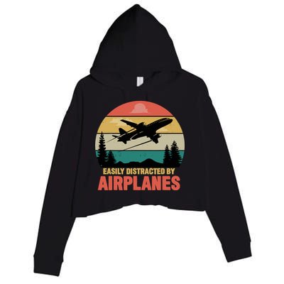 Easily Distracted By Airplanes Lover Retro Funny Pilot Crop Fleece Hoodie