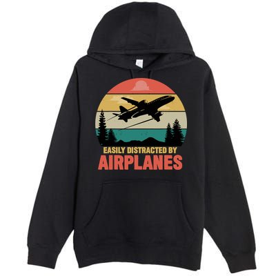 Easily Distracted By Airplanes Lover Retro Funny Pilot Premium Pullover Hoodie