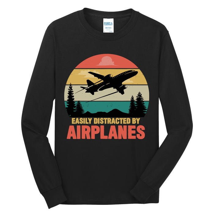 Easily Distracted By Airplanes Lover Retro Funny Pilot Tall Long Sleeve T-Shirt