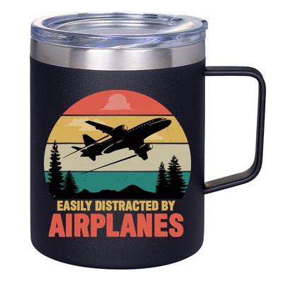 Easily Distracted By Airplanes Lover Retro Funny Pilot 12oz Stainless Steel Coffee Mug