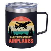 Easily Distracted By Airplanes Lover Retro Funny Pilot 12oz Stainless Steel Coffee Mug